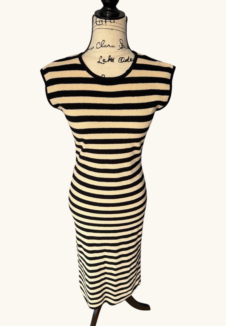 Bluivy Striped Knit Midi Dress Small Black Beige Cap Sleeve Textured Knit S